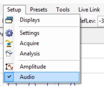 6. In the Setup menu, click Audio. TIP. Audio on DPX Audio Demodulation is also available when DPX display is running, but the sound quality may be degraded depending on the processer of the host PC.