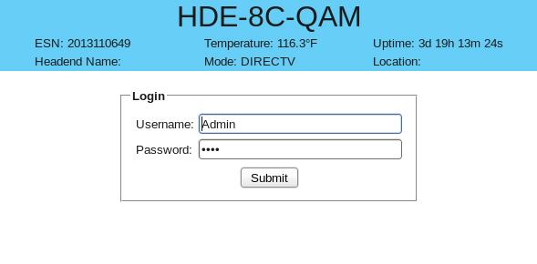 HDE-8C-QAM with Option STEP - Login Log in to the HDE-8C-QAM, using a standard web browser. This can be done through the Control 0/00 port, next to the Receiver Control port.