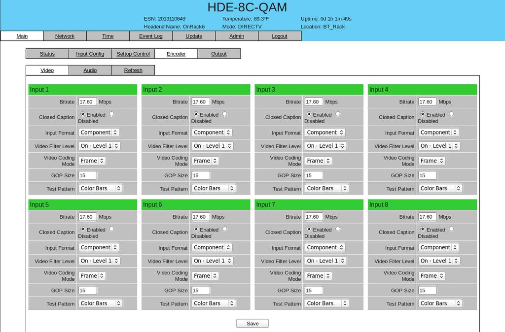 HDE-8C-QAM with Option 6.7 "Main > Encoder" Screen The Main > Encoder screen (Figure 6.0.) is a user configurable screen and includes the following sub tabs: Video and Audio. 6.7. Main > Encoder > Video Screen The Main > Encoder > Video screen (Figure 6.
