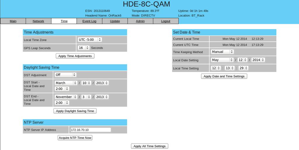 HDE-8C-QAM with Option 5 6.0 "Admin" Screen (continued) 7 8 9 0 Syslog Errors: enable/disables the HDE-8C-QAM to forward error messages (in red font) to an SNMP syslog.