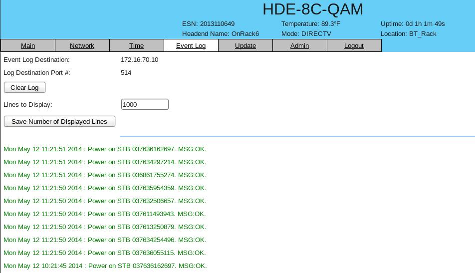 6 HDE-8C-QAM with Option 6. "Event Log" Screen The Event Log screen (Figure 6.) is a read and write screen where the following parameters can be displayed or configured.