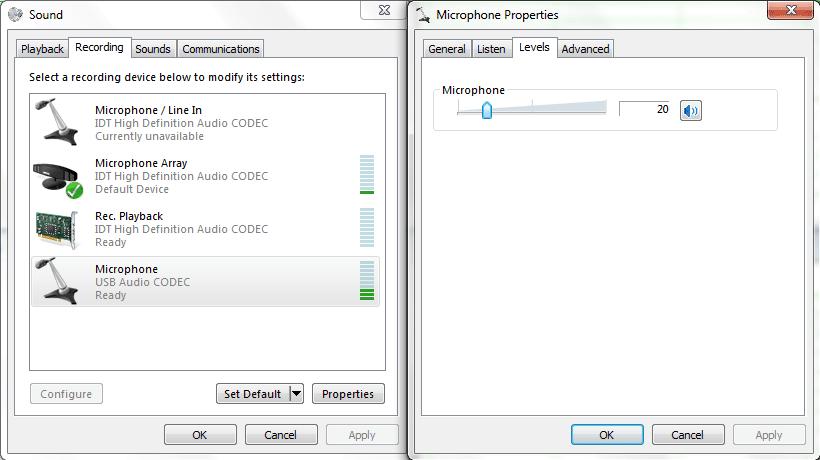 If you choose Microphone (USB Audio CODEC) and press Properties, the right part of the figure above will be shown. You can then adjust the input gain through the Microphone slider. 1.5.
