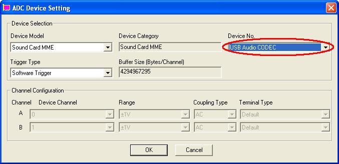 1.4.3.1 Configure Sound Recording Devices for Go to [Setting]>[ADC Device], and choose USB Audio CODEC, Microphone (USB Audio CODEC), Line (USB Audio CODEC) and the like in the Device No.