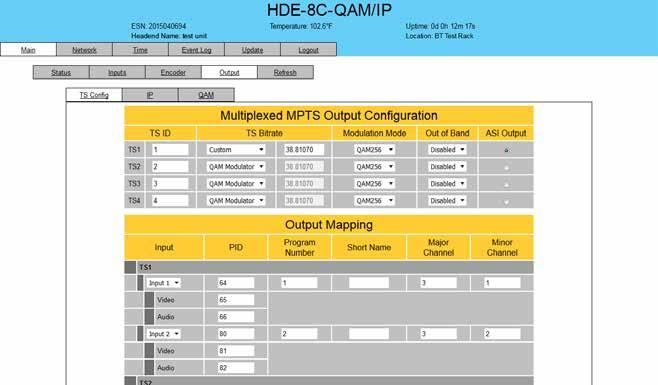 8 HDE-8C-QAM/IP 5.5 "Main > Output" Tab The Main > Encoder tab is a user-configurable section and includes the following sub-tabs: TS Config and QAM. 5.5. Main > Output > TS Config Screen The Main > Output > TS Config screen (Figure 5.