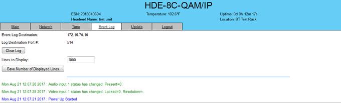 8 HDE-8C-QAM/IP 5.9 Event Log Screen The Event Log screen (Figure 5.9) is a read and write screen where the following parameters can be displayed or configured.