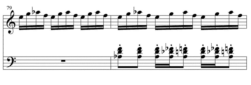 33 Example 4. Petr Eben, Sunday Music, III. Moto Ostinato, mm. 79-80. The final tour de force appears in the statement of the melody beginning at m. 118.