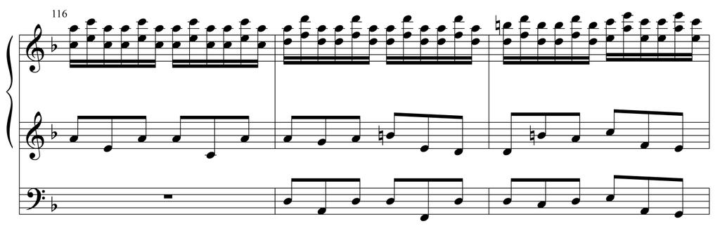 58 Increasing the intensity, the first fugue subject appears at m. 105 in stretto at the interval of a perfect fifth between the right hand and pedal.