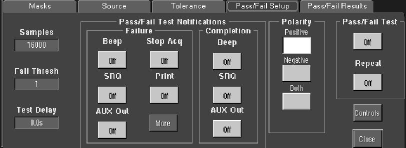 Reference Overview Set mask test pass and fail parameters To mask test a waveform (cont.) 13. Select the Pass/Fail Setup tab of the Masks control window. Related control elements and resources 14.