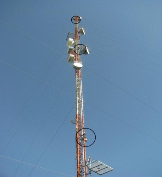 and 1.02 m (3-4 ) in height. It is supported laterally at six stay levels arranged at two ground anchor groups, at distances 39.6 m (130 ft.) and 83.8 m (275 ft.) from the mast axis.
