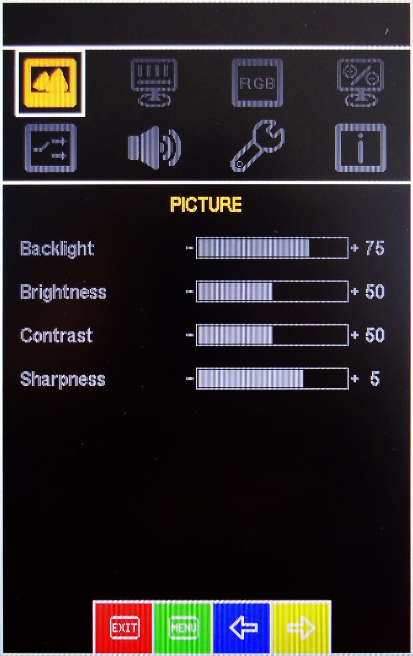 7.2. Sub-menu: Picture Backlight: Brightness: Contrast: Sharpness: Adjust the backlight of the image