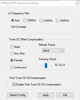 2.4 Advanced Dialog Panel The Advanced dialog box allows manipulation of the tuner DC compensation options and the Block Converter LO frequency. You can also enable/disable the DC & IQ compensation.