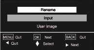 Setting Rename This function is used to change the name of the Input or the User image. Select Rename and press the Point 8 or OK buttons. The Rename window appears.