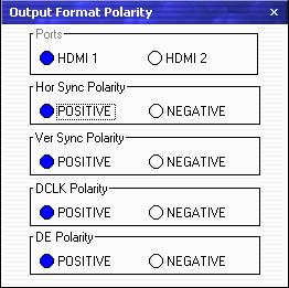 5. Communication Software Guideline Software Operation [Video Processor] Options Output Format Polarity: User can choose the ports, and set the Hor Sync Polarity, Ver Sync Polarity, DCLK Polarity and