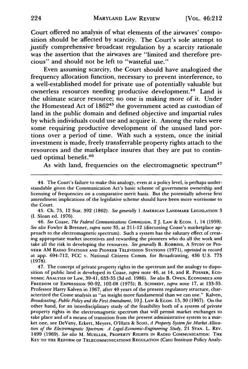 224 MARYLAND LAW REVIEW [VOL. 46:212 Court offered no analysis of what elements of the airwaves' composition should be affected by scarcity.