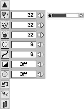 Adjust each level by pressing the POINT LEFT/RIGHT button(s). Contrast Press the POINT LEFT button to decrease contrast and the POINT RIGHT button to increase contrast. (From 0 to 63.