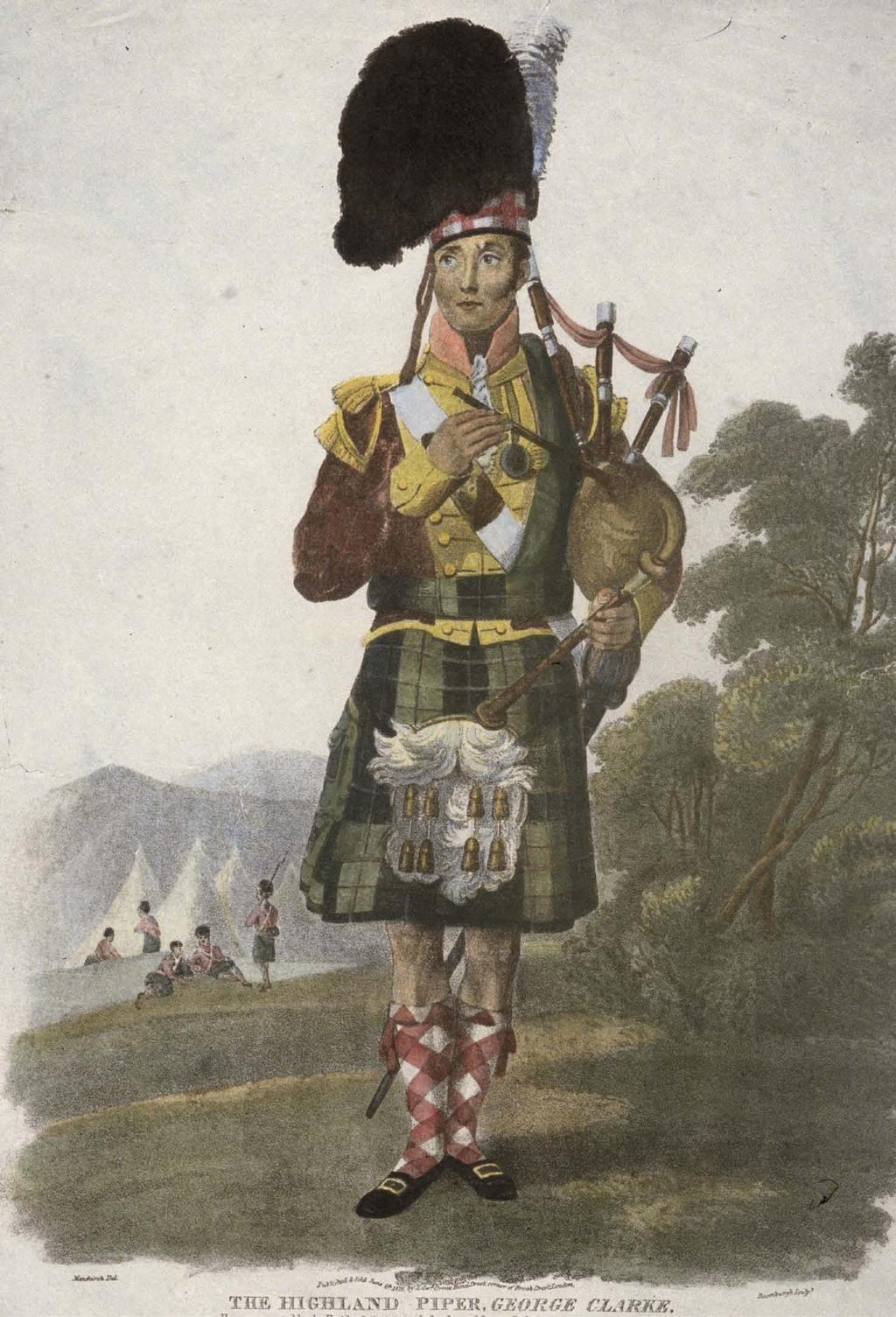 Circa 1808: George Clarke, a piper of the 71st, carrying the delineated silver pipes he was awarded by the Highland Society for his brave conduct at the Battle of Veimeria on 21st August, 1808.