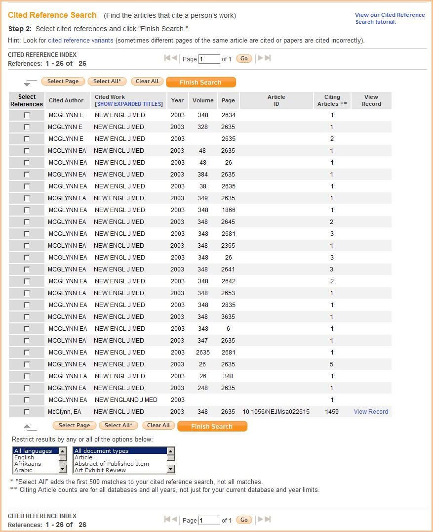Cited Reference Search Lookup Table This table