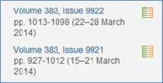 2. Search for The Lancet in Library Search and click on the full text link that covers the year required. 3. Choose the journal issue required from the list displayed (in this case, Vol.