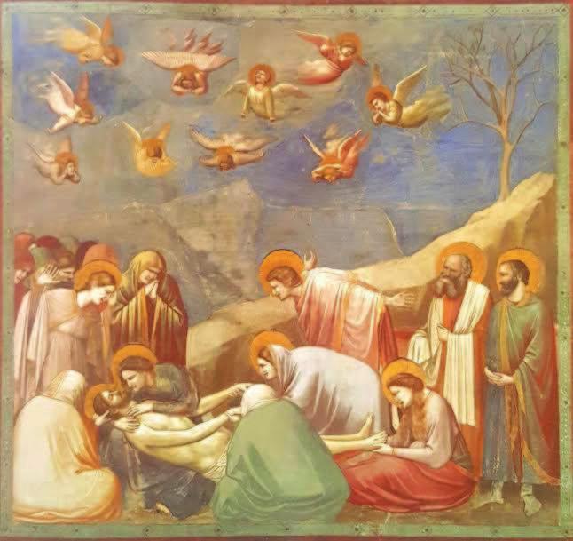 4.4 Izbrana umetniška likovna dela in njihova interpretacija Slika 1: Objokovanje freska, zgodnja renesansa (Giotto, 1305) Ob sliki 1 povemo, da je Giotto v nasprotju s ploskovitimi, brezizraznimi