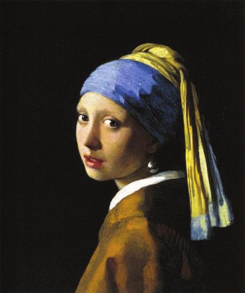Slika 3: Dekle z bisernim uhanom - olje na platnu, barok (Vermeer, 1665) Obrnjenost telesa stran, in nazaj ozirajoča se glava, na sliki 3 izražata napetost.