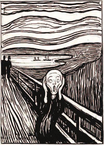 Ritem dolgih in valovitih linij je Munch na praktično identični kompoziciji zasnoval tako, da raznašajo odmev krika prek pokrajine. Zdi se nam, kot da se strah razlega tudi onkraj hribov.