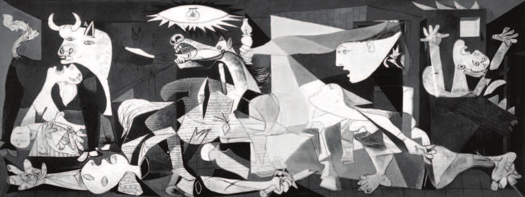 Slika 14: Guernica (Picasso, 1937) Na sliki 14 lahko učencem pokažemo, da ni potrebno, da je slika vedno v barvah in tukaj lahko veliko govorimo o svetlih in temnih barvah v prvem razredu,