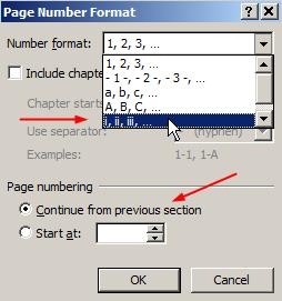 From the Format Page Number dialog box, select the formatting style for Roman numeral. Make sure Start At is set to lowercase Roman numeral ii.