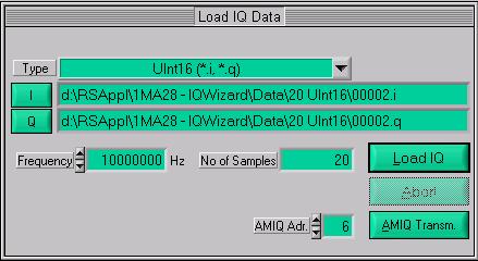 AMIQ ADR. AMIQ GPIB address (default 6). AMIQ TRANSMISSION transmits 16-bit values to directly to an AMIQs digital output and sets sample frequency.