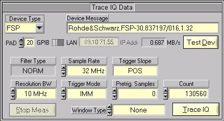 FSQ Fig. 14b Trace IQ Data FSQ DEVICE TYPE, GPIB/LAN, PAD, IP ADDR, TEST DEVICE, WINDOW TYP, TRACE IQ see FSIQ.