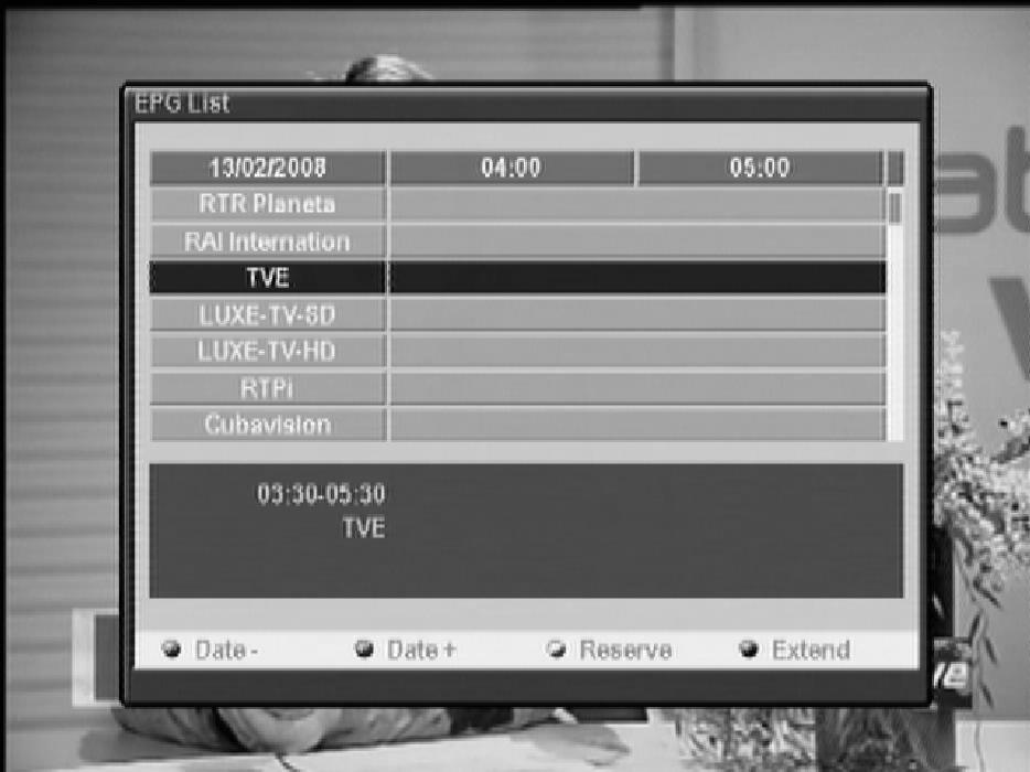 EPG EPG shows the event information on the current TP channel by time Zone. EPG is divided into Daily mode.