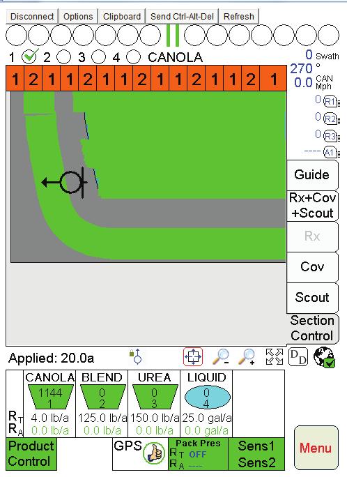 When the zone switches are in the ACCU position, the zones will automatically shut product off as they enter the grey portion of the field map.