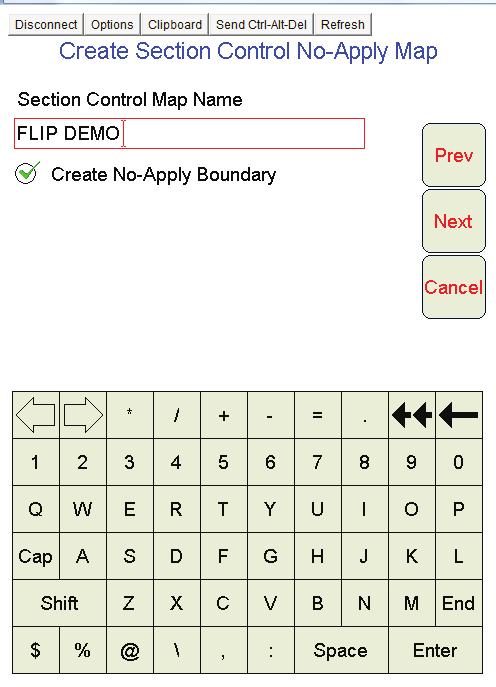 If starting a new field, select Create Section Control No-Apply Map. If you are recalling a FLIP map from a previous season, select Load Section Control Map.