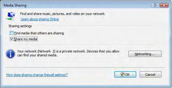 Windows Media Player v11 pe Windows Vista Setarea pentru partajarea reţelei 1 2 În Windows Media Player, selectaţi