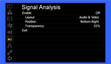 Signal Analysis Submenu Enable Use this setting to enable the signal analysis instruments selected in the Layout mode. Layout Select which of the signal analysis instruments to display on screen.