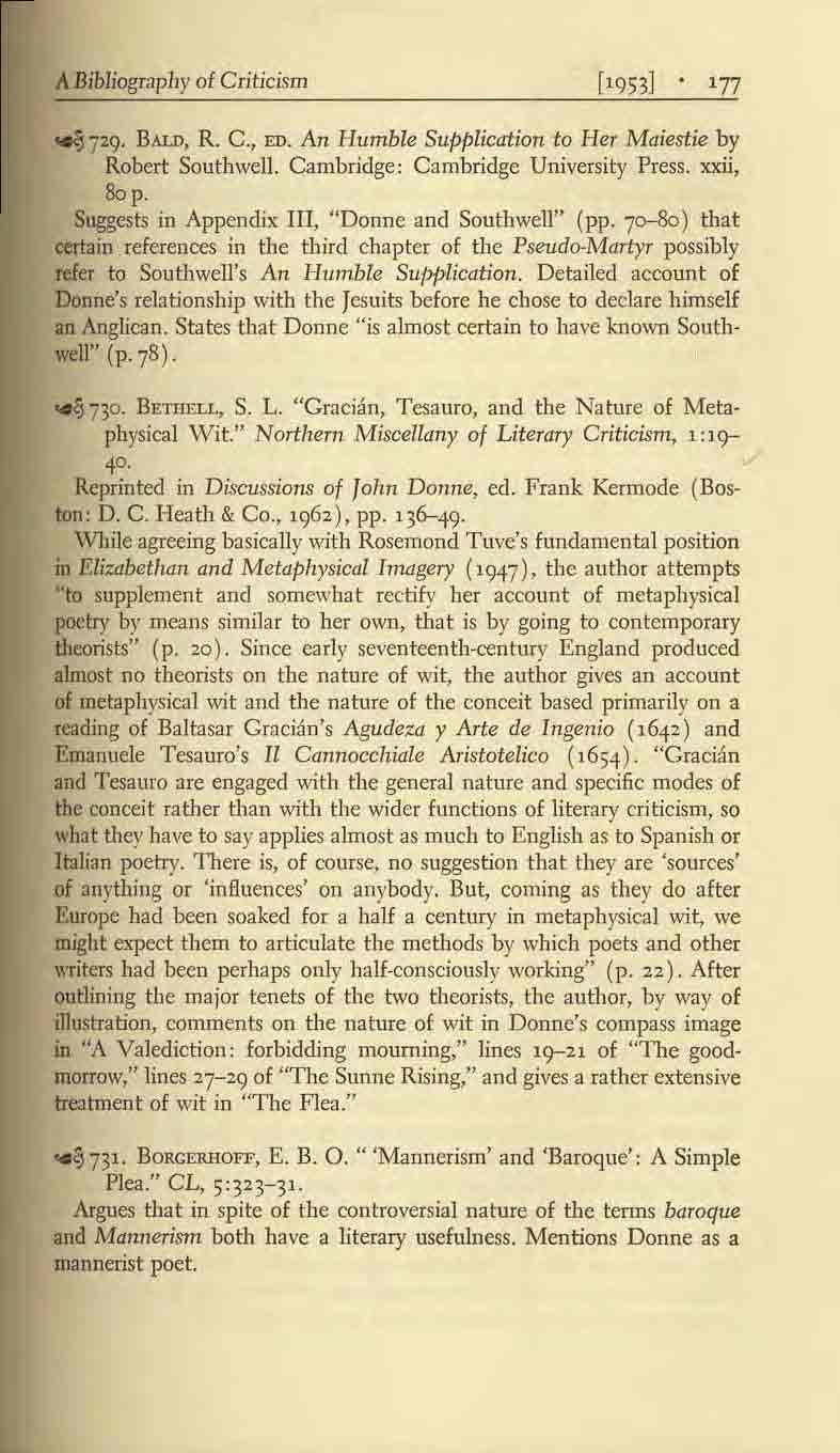A Bibliography of Criticism ['953J '77 ~ 729. BALD, R. C., ED. An I-Iumble Supplication to Her Maiestie by Robert Southwell. Cambridge: Cambridge University Press. xxii, Sop.