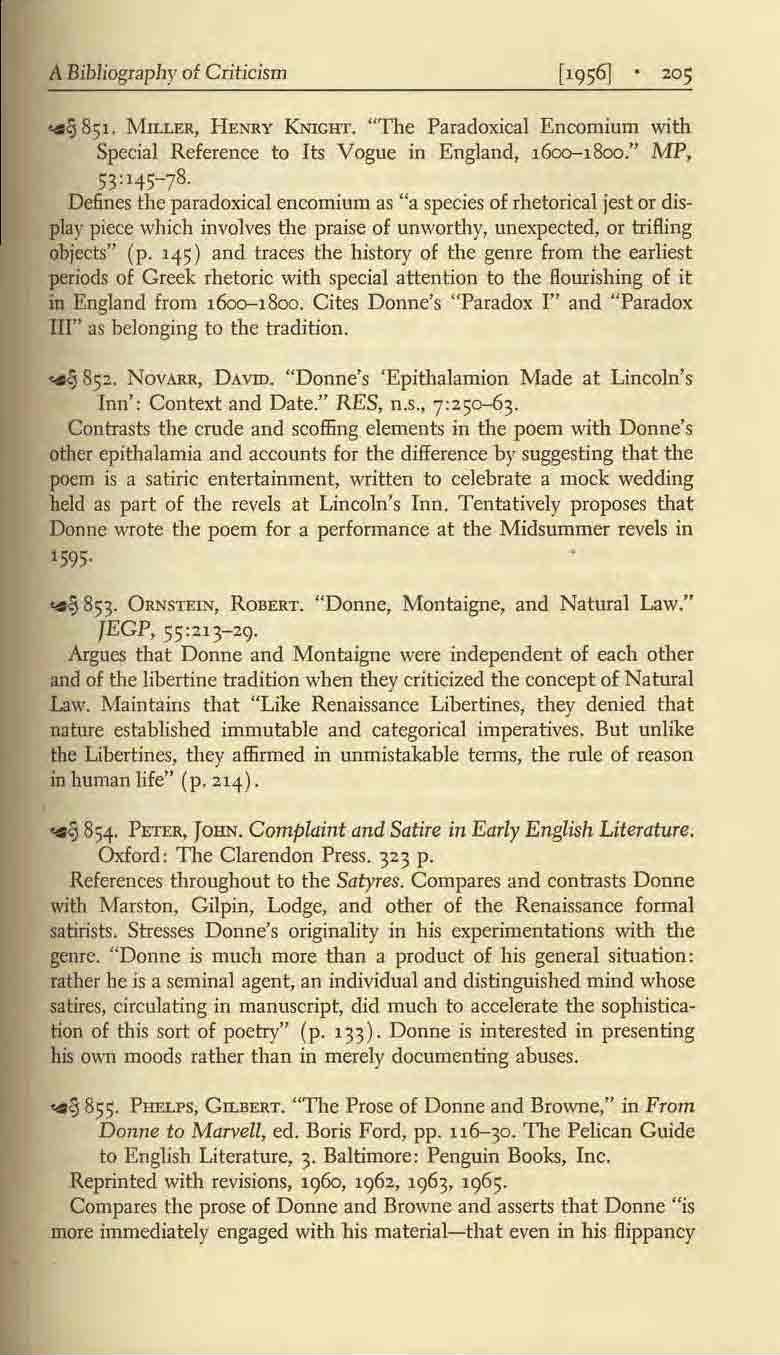 A Bibliography ot Criticism..g 851. MILLER, HENRY KNiCHT. "The Paradoxical Encomium with Special Reference to Its Vogue in England, 16cx>-1800." MP, 53"45-78.