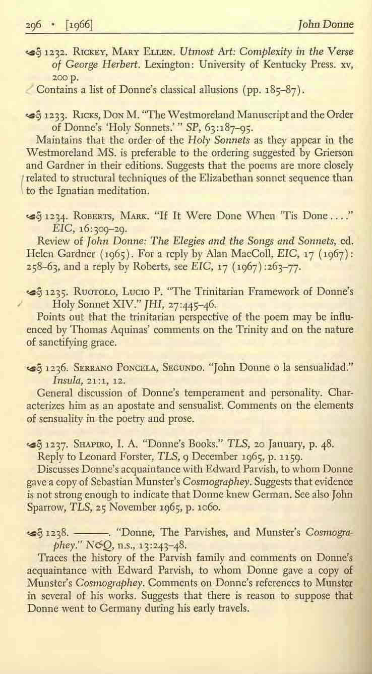 John Donne.. ~ 1232. RICKEY, MARy ELLEN. Utmost Art: Complexity in the Verse of George Herbert. Lexington: University of Kentucky Press. xv, 2oop.