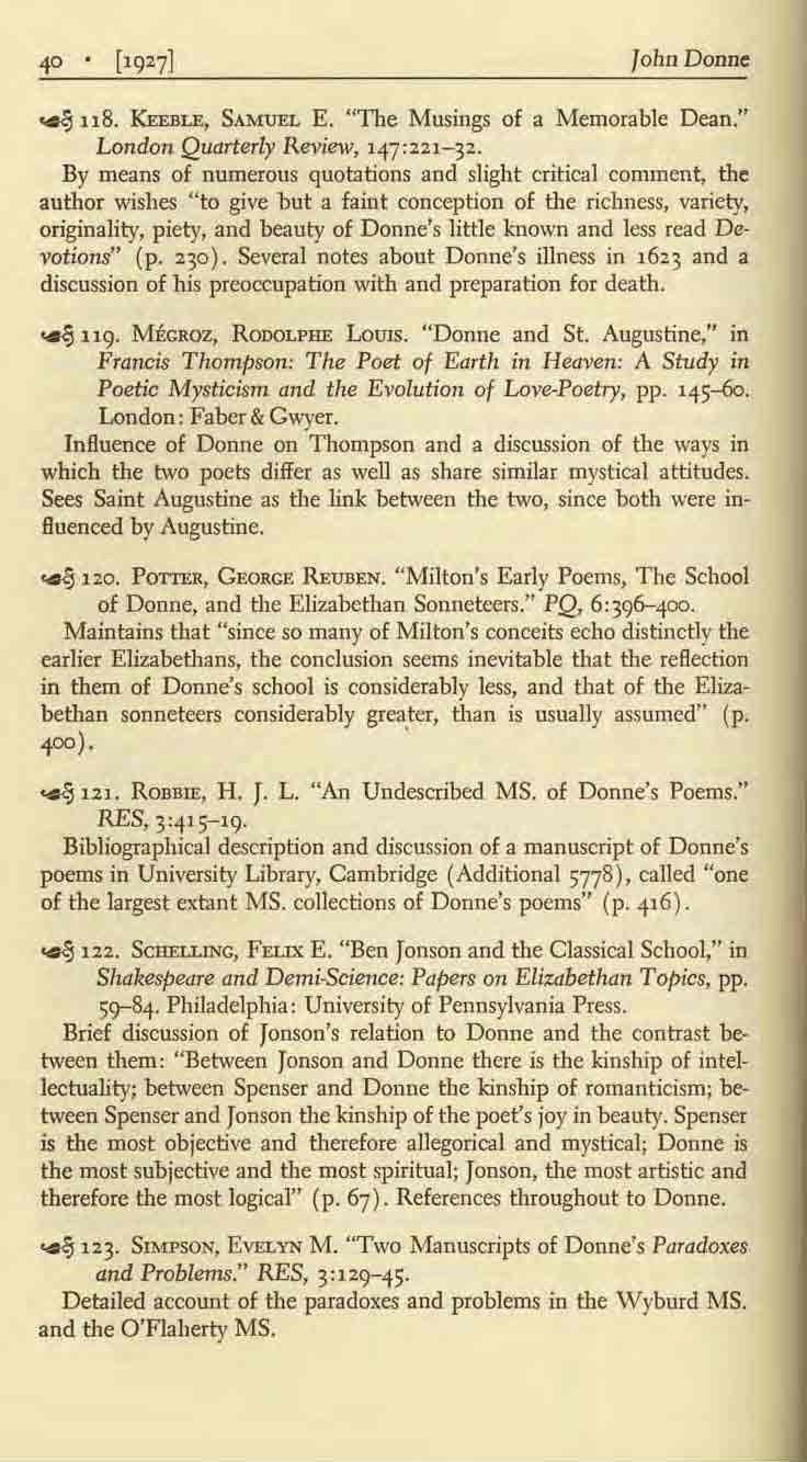 John Donne ~ li8. 1CEEBu;. SAMUEL E. "The Musings of a Memorable Dean," London Quarterly Review, 147:221-32.