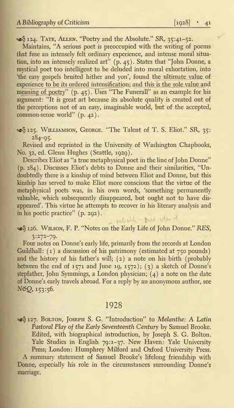 A Bibliography of Criticism...!j 124. TA'fE, ALLEN. "Poetry and the Absolute." SR, 35:41-52.