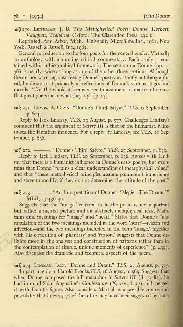 1011n Donne <4t{! 270 LEISHMAN, J. B. The Metaphysical Poets: Donne, Herbert, Vaugllan, Traherne. Oxford: TIle Clarendon Press. 232 p. Reprinted, Ann Arbor, Mich.! University Microfilms Inc.