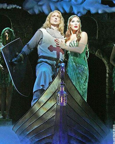 2: Above left, the Phantom and Christine travel to his lair (photo by Joan Marcus); above right, Sir Galahad and the Lady of the Lake