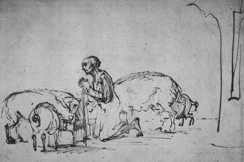 PKn, letnik 39, št 1, Ljubljana, junij 2016 Iz obdobja, ko so se začeli nad Rembrandta vrstiti tragični dogodki, pa nato poznamo risbo Izgubljeni sin med svinjami (slika 5), ki razkriva moment