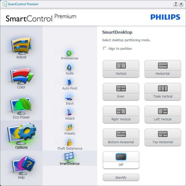 3. Optimizacija slike 3.4 Vodič SmartDesktop SmartDesktop SmartDesktop je del paketa SmartControl Premium. Namestite SmartControl Premium in v Options (Možnosti) izberite SmartDesktop.