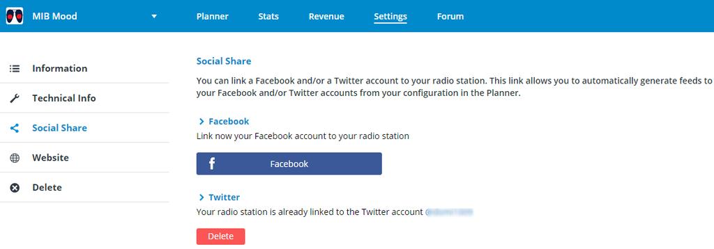 2.7 Sharing the content of a Box on Social Media You can share a Box or some of its soundtracks on Facebook or Twitter upon their broadcasting. To do this, simply follow these two steps: 2.7.1 Linking your radio to your Social Media In the "Settings" tab of your Radio Manager, select the "Social Share" tab in the left column.