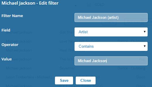 You can choose whatever name you like for the filter The field specifies whether the filter is applied to the title, artist, year, language, date added or tag The Operator determines the specific