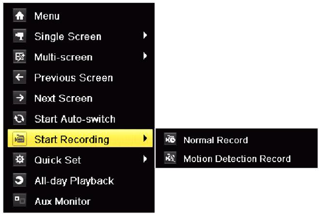 2. Click the Start Recording submenu and select the recording mode to Normal Record or Motion Detection Record. 3.