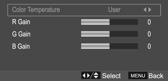 Use e / d to select what you want to adjust in the Video menu. 2. Press OK or f / g to adjust (according to the hint below) 3. When you are satisfied with your adjustment, press MENU.