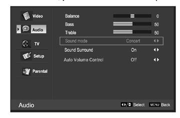 Operating Your Television Audio Menu Options Press the MENU on the front panel or MENU on the remote control and then use e / d to select the AUDIO menu, press g or OK to enter (see picture below). 1.