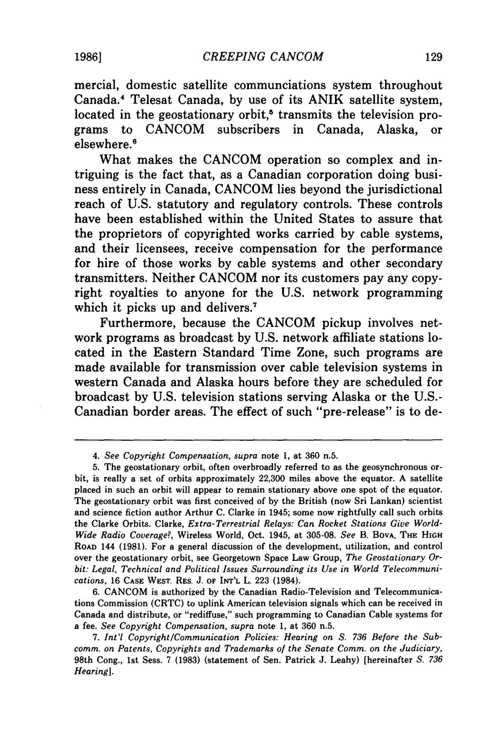 19861 CREEPING CANCOM mercial, domestic satellite communciations system throughout Canada.