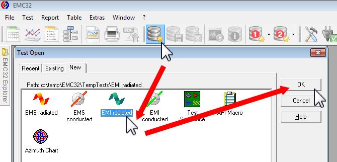 Running an EMI Band Evaluation Test Figure 30: Settings in the New Test Editor overrides those from template Figure 31: Start a new test via the Tool Bar To run the test we have to switch to
